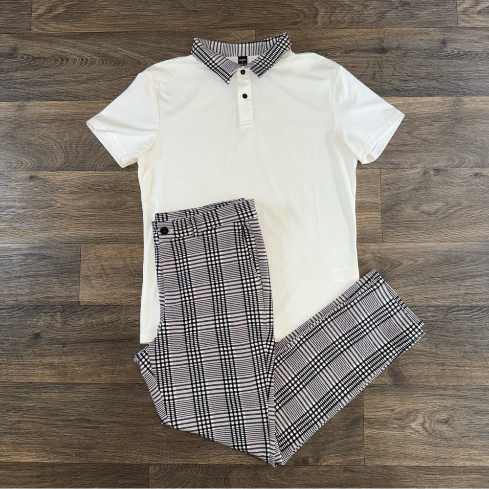 Men's Manfinity Brand White Polo and Checkered Black Pants Set Classic Style